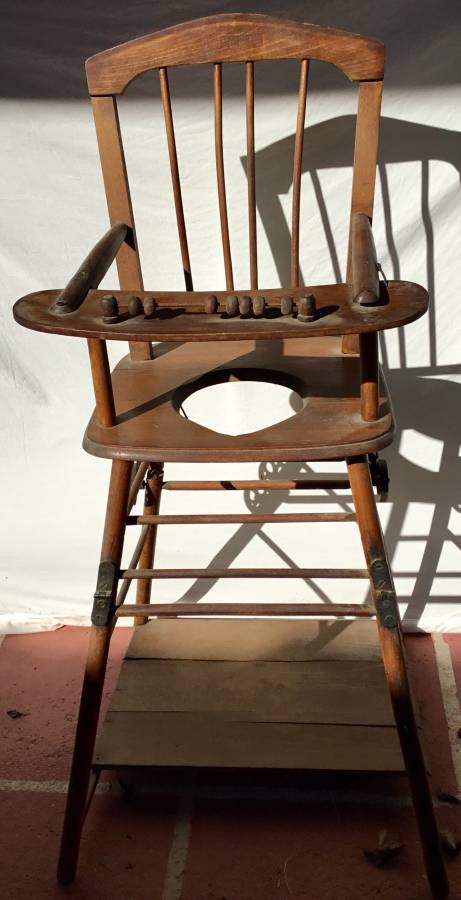 Antique Wooden High Chair Potty Chair with Folding Legs