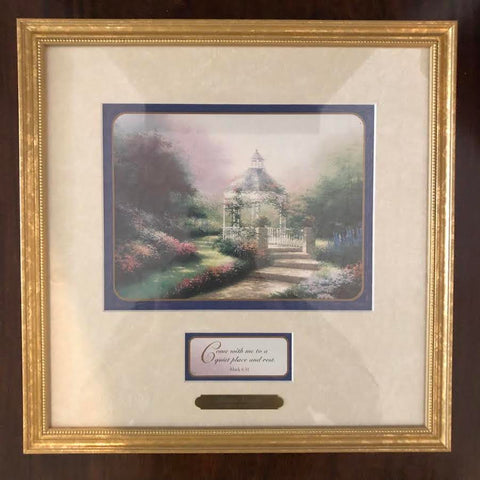 THOMAS KINKADE HIDDEN GAZEBO MATTED AND FRAMED PRINT WITH COA