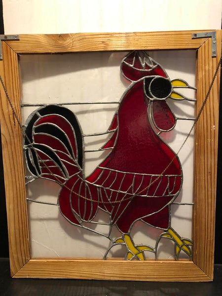 VERY NICE RED ROOSTER STAINED GLASS WINDOW