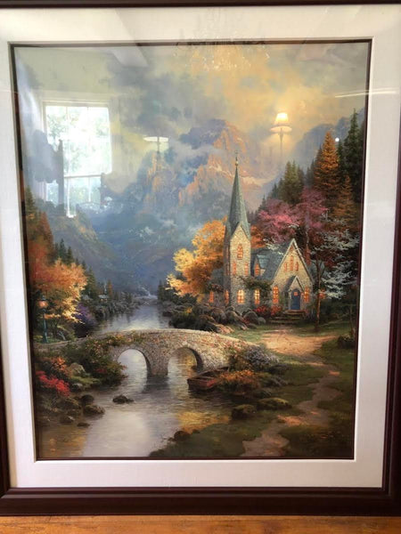 THOMAS KINKADE MOUNTAIN CHAPEL (SIGNED AND NUMBERED PRINT) 45 X 53