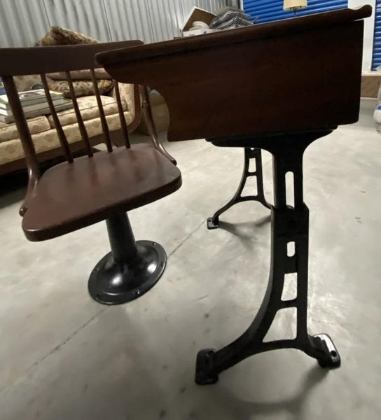 ANTIQUE WOOD AND CAST IRON SCHOOL DESK AND CHAIR