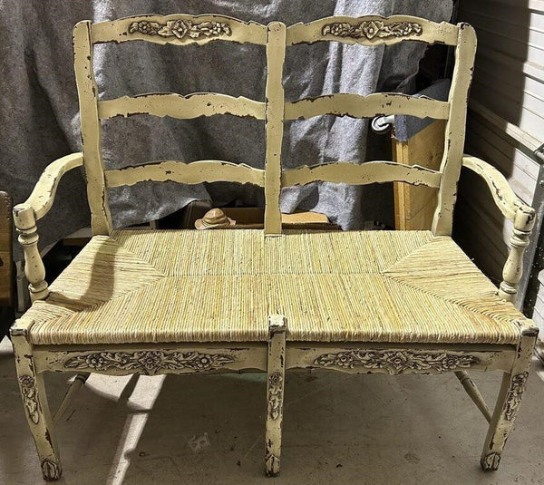 ANTIQUE FRENCH RUSH BOTTOM SETTEE BENCH SEAT