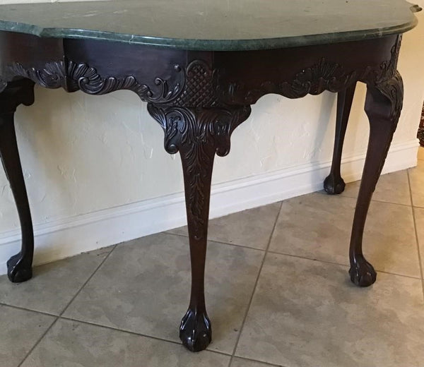 BEAUTIFUL DARK CARVED WOODEN DEMILUNE ENTRY TABLE WITH GREEN MARBLE TOP