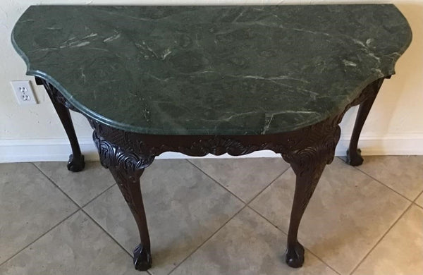 BEAUTIFUL DARK CARVED WOODEN DEMILUNE ENTRY TABLE WITH GREEN MARBLE TOP