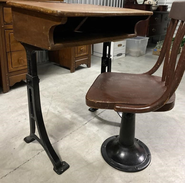 ANTIQUE WOOD AND CAST IRON SCHOOL DESK AND CHAIR