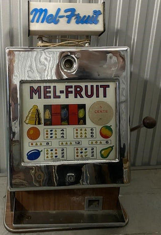 ANTIQUE VINTAGE MELROY MEL-FRUIT NICKEL (5 CENT) SLOT MACHINE (WORKS WITH KEYS)