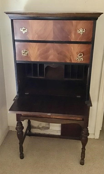 VINTAGE NORTHWESTERN WOOD BLACK TRIM DROP FRONT SECRETARY CABINET