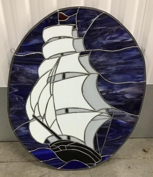 VERY NICE SAILING SHIP STAINED GLASS OVAL WINDOW