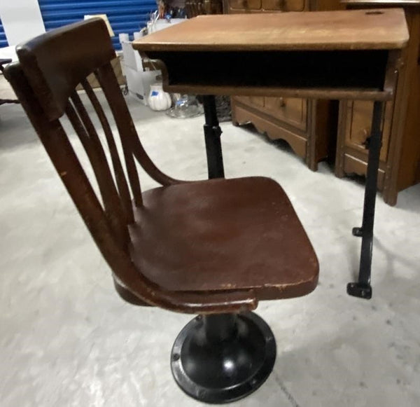 ANTIQUE WOOD AND CAST IRON SCHOOL DESK AND CHAIR