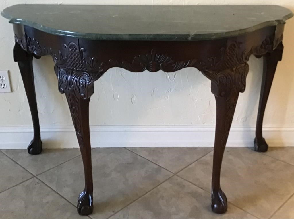 BEAUTIFUL DARK CARVED WOODEN DEMILUNE ENTRY TABLE WITH GREEN MARBLE TOP