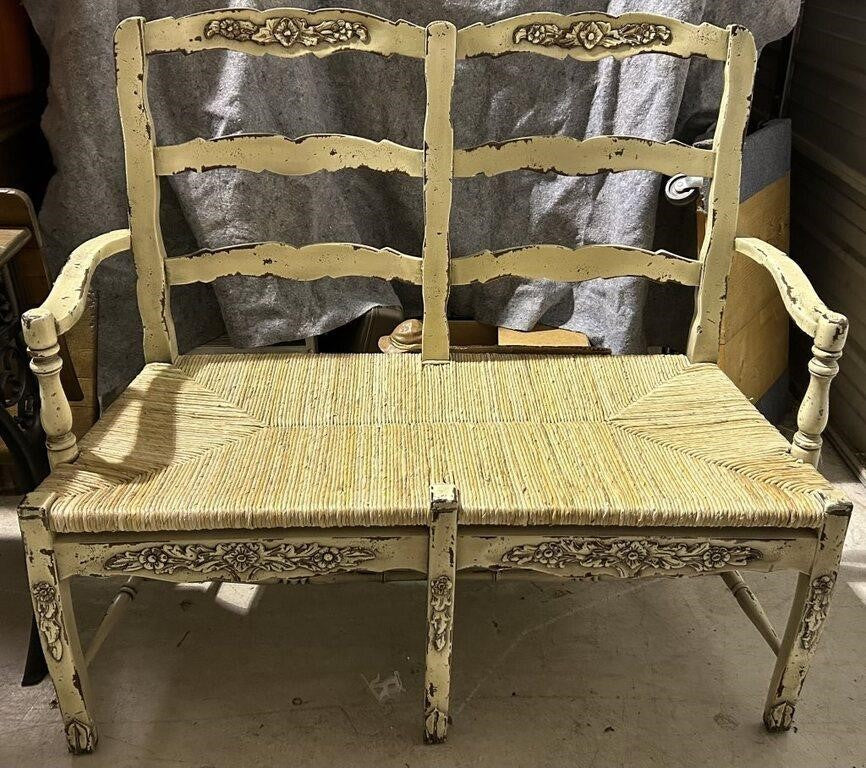 ANTIQUE FRENCH RUSH BOTTOM SETTEE BENCH SEAT