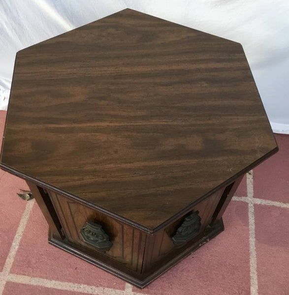 VINTAGE HEXAGONAL SHAPED WOODEN END TABLE WITH 2 DOORS