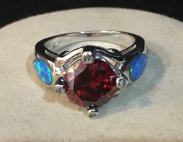 Sterling Silver Ring .925 With Garnet And Opals Size 7