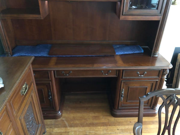 LARGE HEAVY WOOD OFFICE DESK AND HUTCH