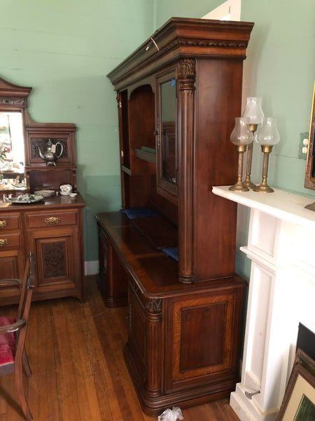 LARGE HEAVY WOOD OFFICE DESK AND HUTCH