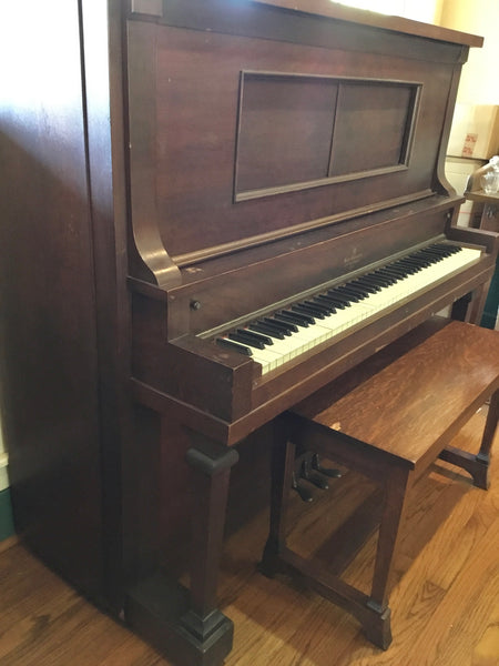 1923 H C Bay Co. Upright Walnut Player Piano (Serial #1594) w/ Bench