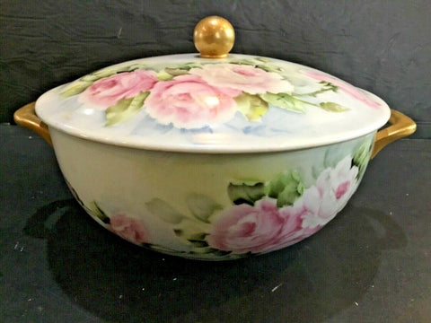 Holiday Floral Porcelain Hand Painted Casserole Serving Bowl with Lid