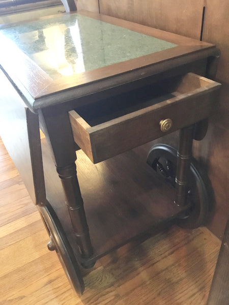 VICTORIAN MARBLE TOP TEA SERVING CART WITH DROP LEAVES