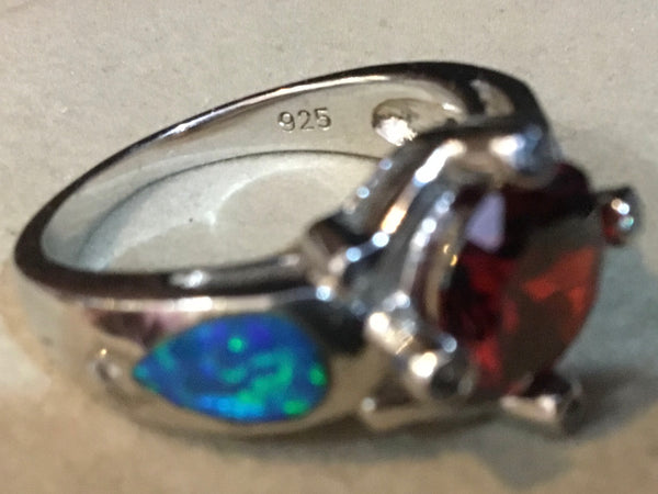 Sterling Silver Ring .925 With Garnet And Opals Size 7