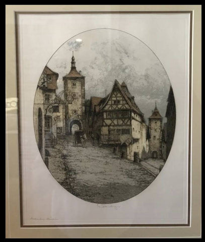 Josef Eidenberger’s Colorized Etching Of Rothenburg, Markus Tower, Germany