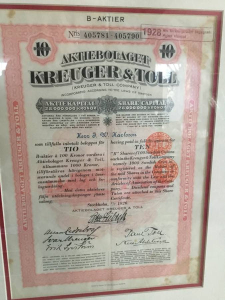 1928 Kreuger and Toll Certificate Stamp Debentuers