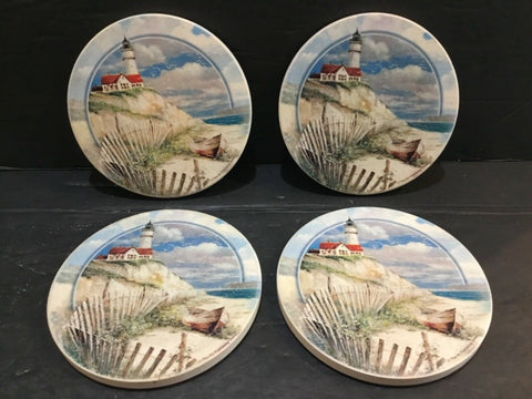 Set of (4) Lighthouse Scene Stone Drink Coasters