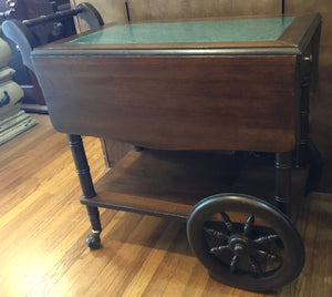 VICTORIAN MARBLE TOP TEA SERVING CART WITH DROP LEAVES