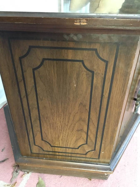 VINTAGE HEXAGONAL SHAPED WOODEN END TABLE WITH 2 DOORS