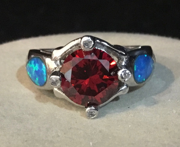 Sterling Silver Ring .925 With Garnet And Opals Size 7