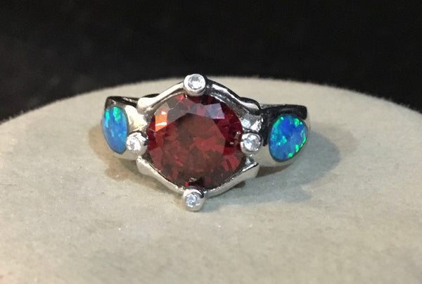 Sterling Silver Ring .925 With Garnet And Opals Size 7