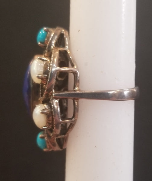 Sterling Silver Ring with Turquoise, Pearls, & Lapis