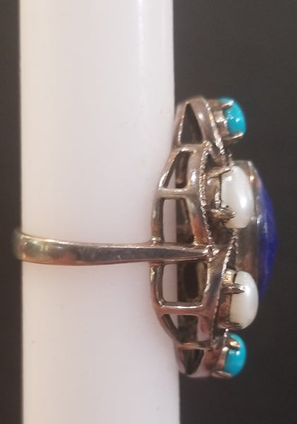 Sterling Silver Ring with Turquoise, Pearls, & Lapis