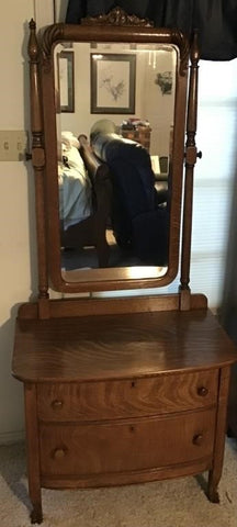 ANTIQUE TIGER OAK MIRRORED VANITY WITH 2 DRAWERS