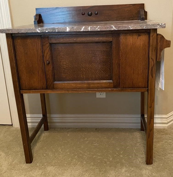 ANTIQUE MARBLE TOP WASH STAND WITH TOWEL BAR ON THE SIDE