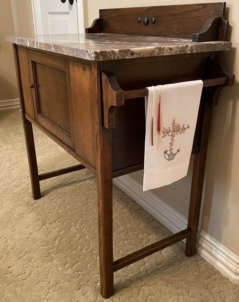 ANTIQUE MARBLE TOP WASH STAND WITH TOWEL BAR ON THE SIDE