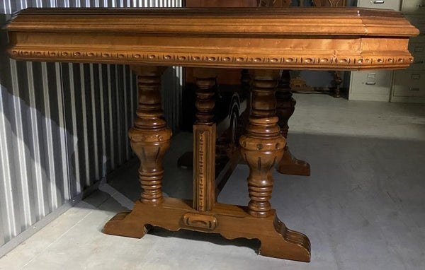 BEAUTIFUL ANTIQUE HEAVY WOOD TRESTLE DINING TABLE