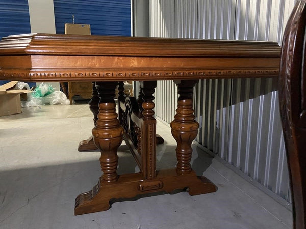 BEAUTIFUL ANTIQUE HEAVY WOOD TRESTLE DINING TABLE