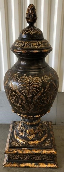 LARGE DECORATIVE CARVED WOOD LIDDED URN