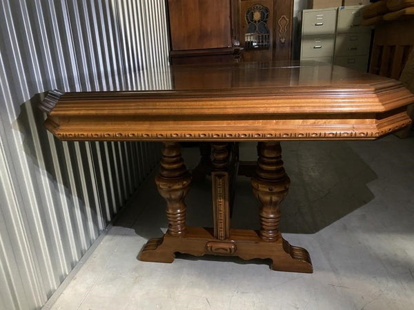 BEAUTIFUL ANTIQUE HEAVY WOOD TRESTLE DINING TABLE