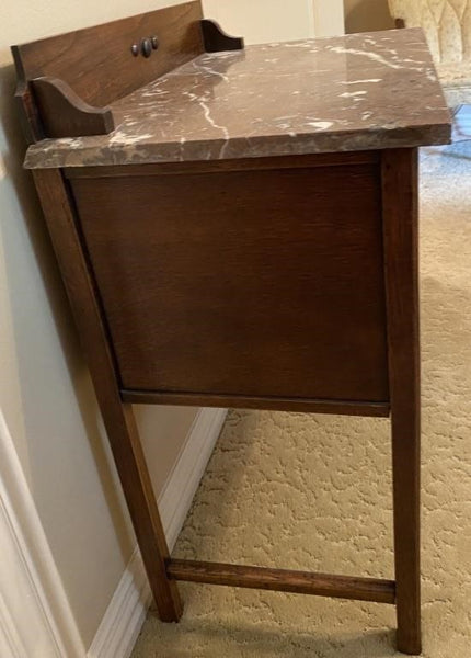 ANTIQUE MARBLE TOP WASH STAND WITH TOWEL BAR ON THE SIDE