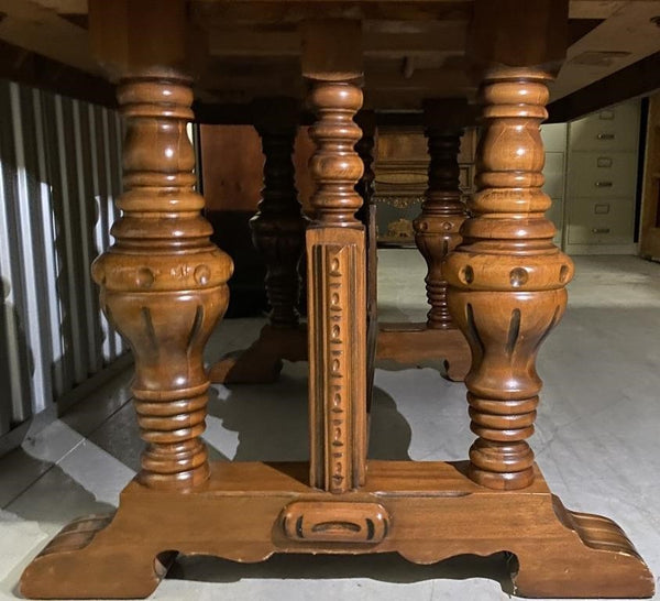 BEAUTIFUL ANTIQUE HEAVY WOOD TRESTLE DINING TABLE