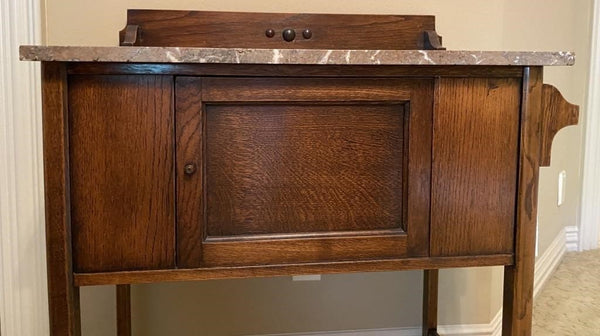 ANTIQUE MARBLE TOP WASH STAND WITH TOWEL BAR ON THE SIDE