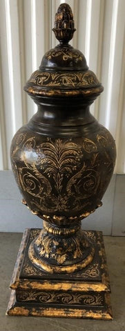 LARGE DECORATIVE CARVED WOOD LIDDED URN