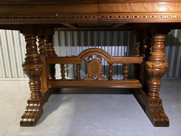 BEAUTIFUL ANTIQUE HEAVY WOOD TRESTLE DINING TABLE