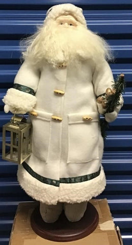 LARGE 28" SANTA FIGURE WEARING A CREAM COLORED COAT HOLDING A LANTERN AND STAFF