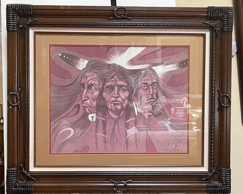 NATIVE AMERICAN KIOWA ROBERT REDBIRD "PEYOTE CHIEFS" ART (MATTED AND FRAMED)