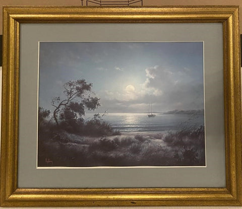 DALHART WINDBERG MOONLIT COVE LITHOGRAPH (MATTED AND FRAMED) 22" X 19"